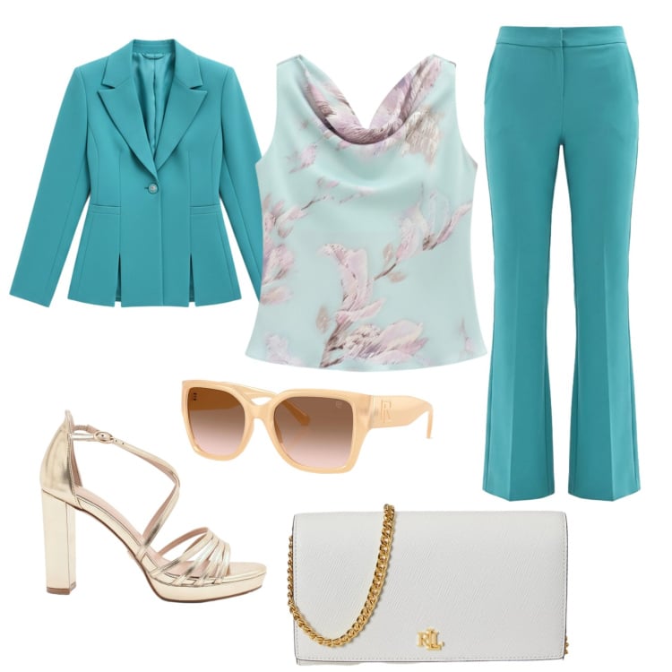 Outfit donna - L\'amica del testimone. Stile Glamour per Cerimonia. Abbinamento con pantaloni a palazzo, top, blazer, sandali col tacco, occhiali da sole, borse a tracolla.