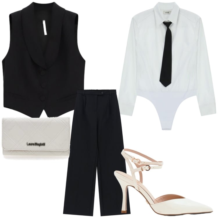 Outfit donna - Mannish 2026. Stile Mannish per Serata fuori. Abbinamento con décolleté, gilet, pantaloni a palazzo, camicie, portafogli.