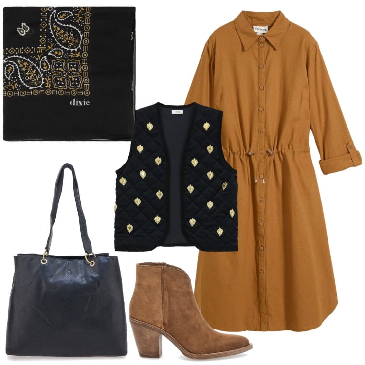 Outfit donna - Total look #2365923. Stile Chic per Tutti i giorni. Abbinamento con vestiti chemisier, foulard, gilet, shopping bag, stivaletti.