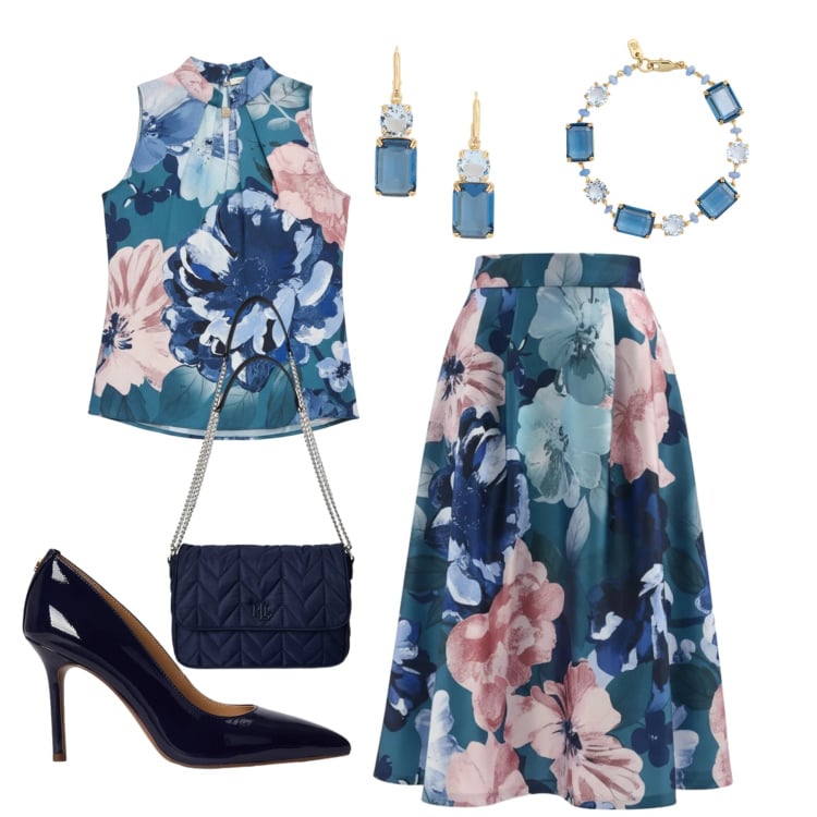 Outfit donna - Laurea di Ella. Stile Romantica per Cerimonia. Abbinamento con gonne longuette, top, borse a tracolla, décolleté, orecchini, braccialetti.