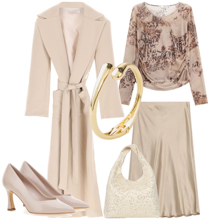 Outfit donna - Total look #2365926. Stile Romantica per Cerimonia. Abbinamento con braccialetti, borse a spalla, cappotti, maglieria, gonne, décolleté.