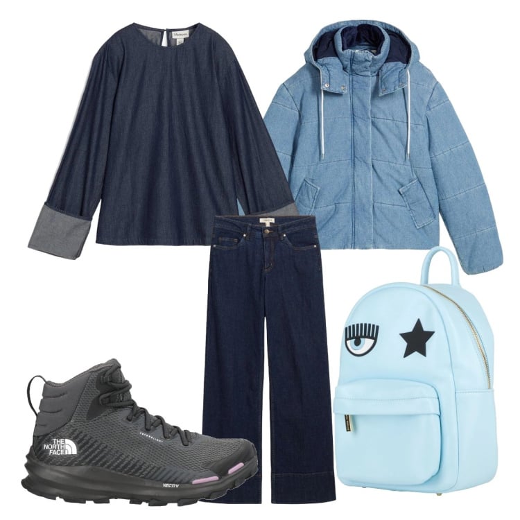 Outfit donna - Denim protagonista. Stile Urban per Scuola/Università. look ideale per Petite. Abbinamento con zaini, stivaletti, jeans, bluse, giacche.