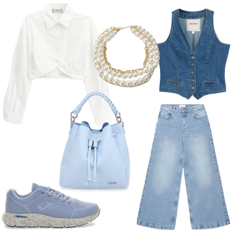 Outfit donna - Weekend in città. Stile Urban per Tutti i giorni. Abbinamento con gilet, jeans, camicie, collane, sneakers, borse a secchiello.