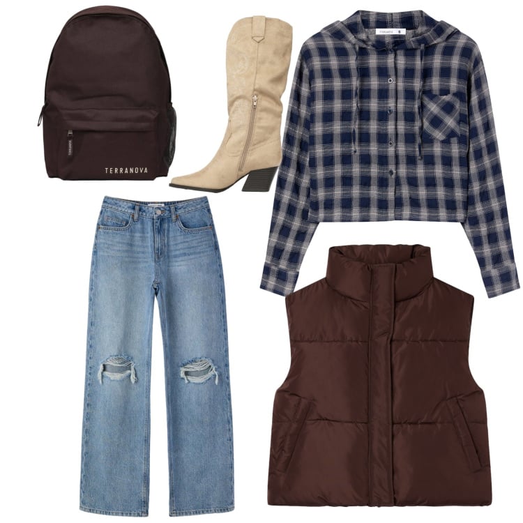 Outfit donna - Rodeo urbano. Stile Casual per Tutti i giorni. Abbinamento con piumini, camicie, stivali, jeans strappati, zaini.