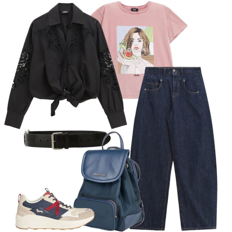 Outfit donna - La camicia con ricamo traforato. Stile Casual chic per Tutti i giorni. Abbinamento con zaini, sneakers, jeans, t-shirt, cinture, camicie.