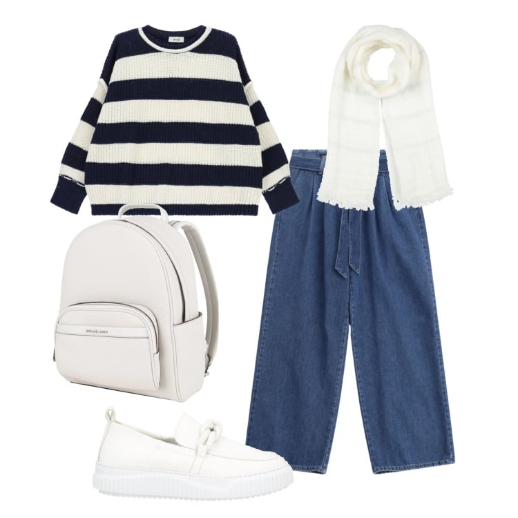 Outfit donna - Blue e White. Stile Casual per Scuola/Università. Abbinamento con mocassini, zaini, sciarpe, jeans, maglieria.