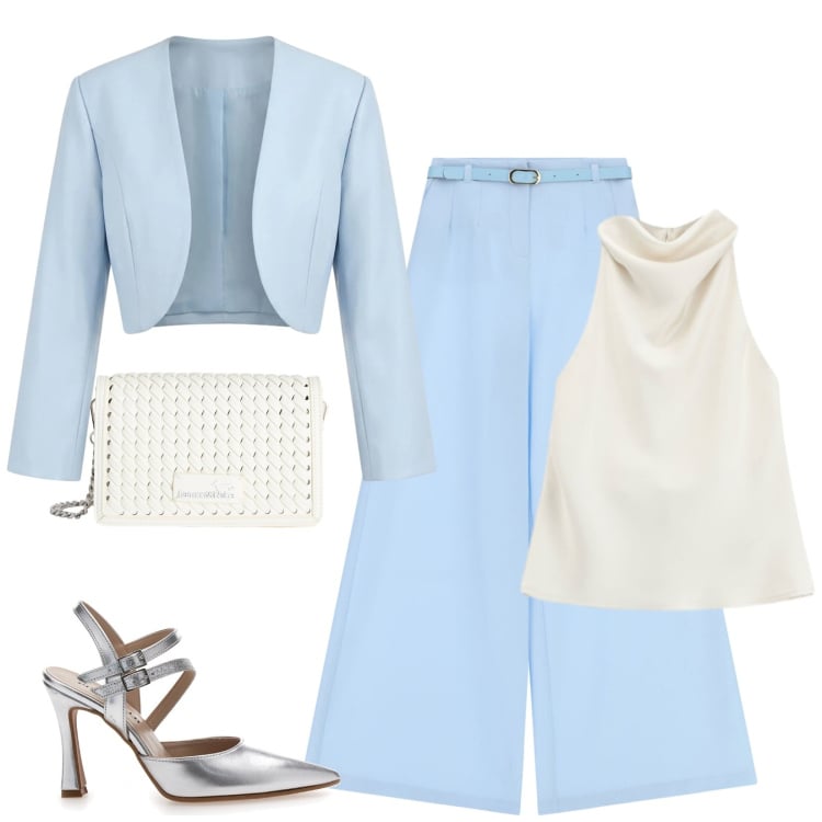 Outfit donna - Total look #2365937. Stile Bon Ton per Cerimonia. Abbinamento con borse a tracolla, bolero, top, pantaloni a palazzo, décolleté.