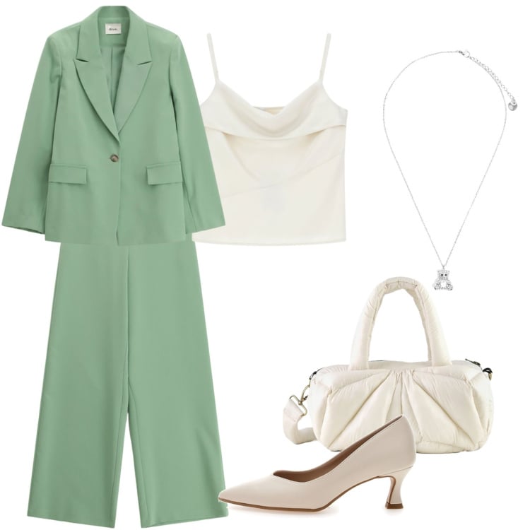 Outfit donna - Total look #2365938. per Scuola/Università. Abbinamento con canottiere, borse a mano, pantaloni a palazzo, blazer, ciondoli, décolleté.