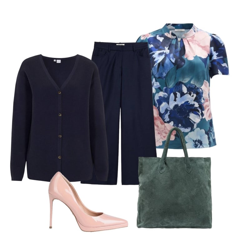 Outfit donna - Il décolleté rosa. Stile Romantica per Tutti i giorni. Abbinamento con décolleté, cardigans, pantaloni, bluse, borse a mano.