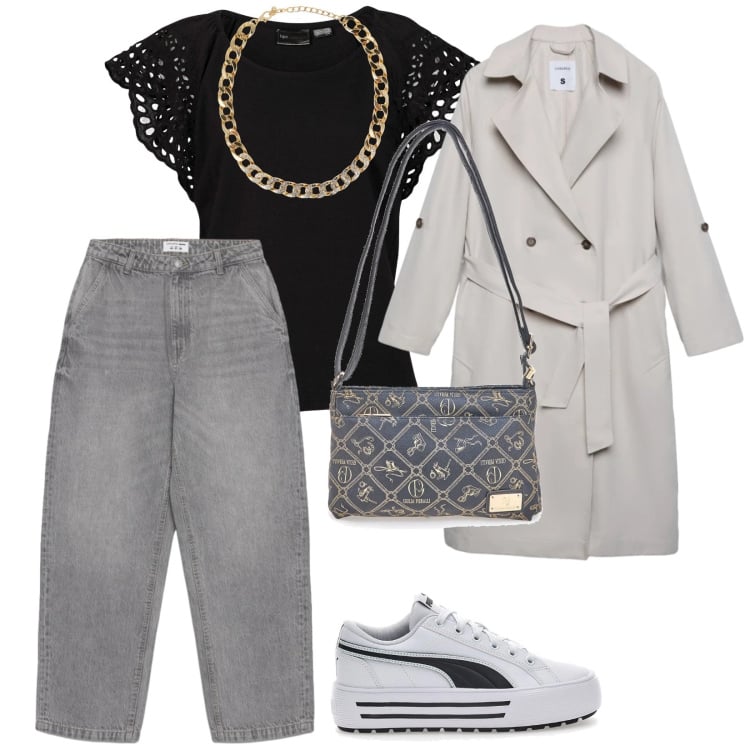 Outfit donna - È ora del trench. per Tutti i giorni. Abbinamento con bluse, trench, collane, jeans dritti, sneakers, borse a tracolla.