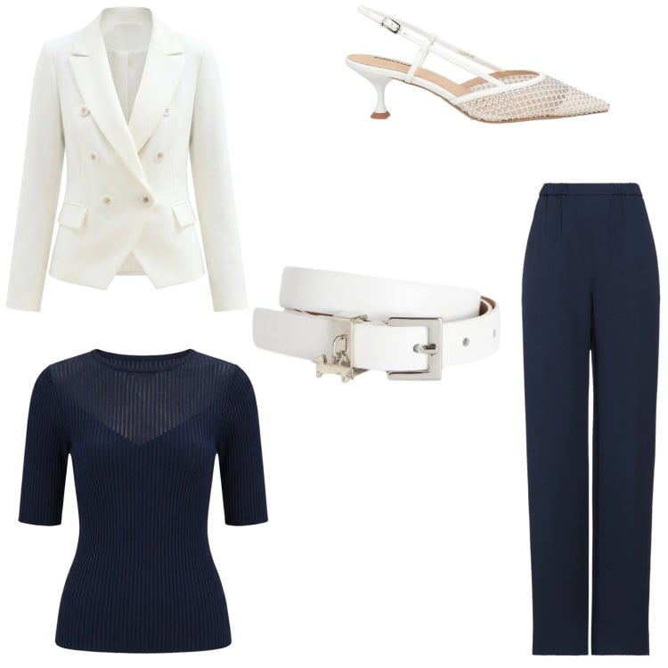 Outfit donna - Blu navy colore di tendenza. Stile Chic per Tutti i giorni. Abbinamento con pantaloni, décolleté, cinture, t-shirt, blazer.
