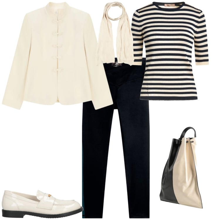 Outfit donna - Primavera ufficio tempo libero. Stile Trendy per Tutti i giorni. Abbinamento con pullovers, sciarpe, mocassini, zaini, blazer, leggings.
