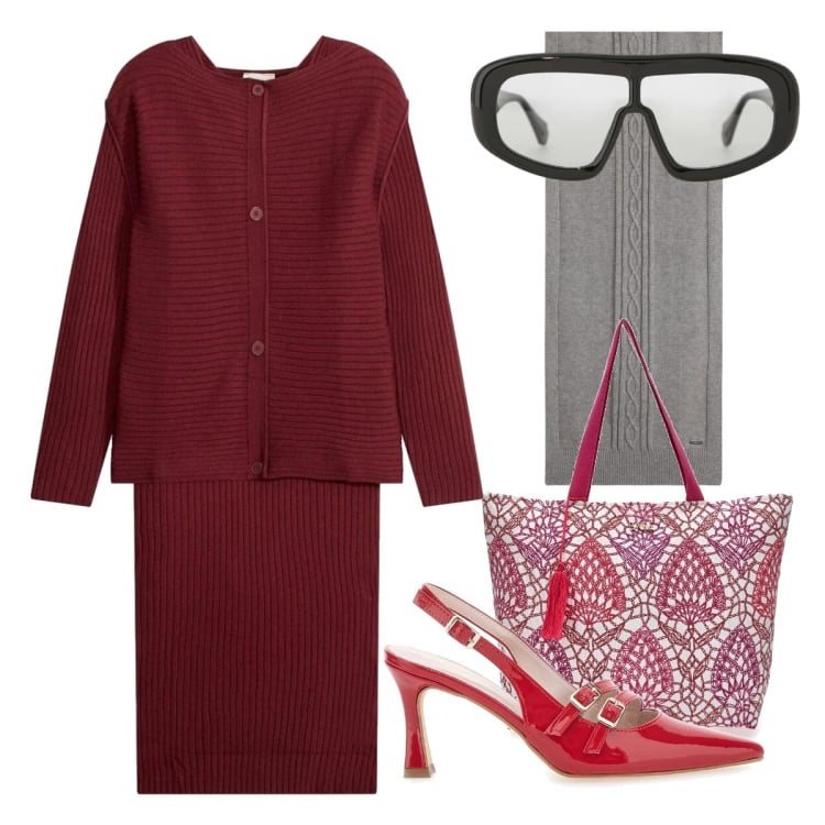 Outfit donna - Abito rosso stile anni ottanta. Stile Trendy per Ufficio. Abbinamento con vestiti midi/longuette, occhiali da sole, sciarpe, décolleté, shopping bag.