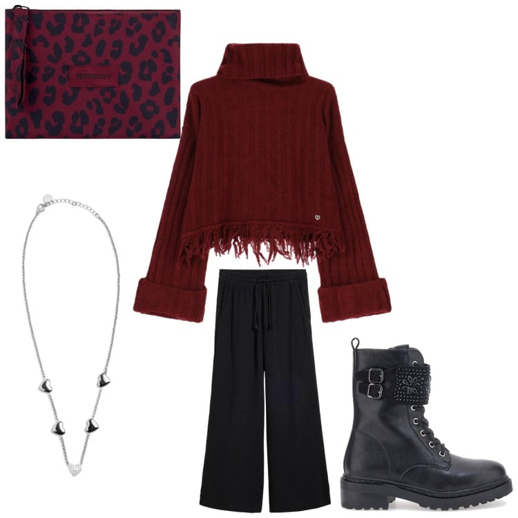 Outfit donna - Comfort. Stile Casual chic per Tutti i giorni. Abbinamento con pantaloni a palazzo, maglieria, collane, clutch, anfibi.