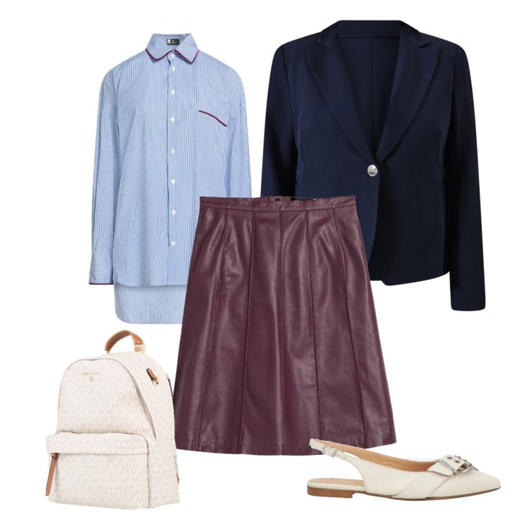 Outfit donna - Aperitivo in primavera curvy. Stile Preppy per Serata fuori. Abbinamento con camicie, ballerine, zaini, gonne, blazer.