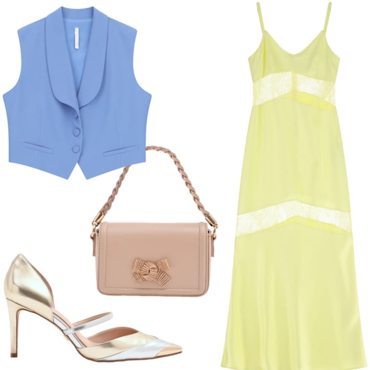 Outfit donna - Glamour e trendy. Stile Glamour per Cerimonia. Abbinamento con pochette, décolleté, vestiti lunghi, gilet.