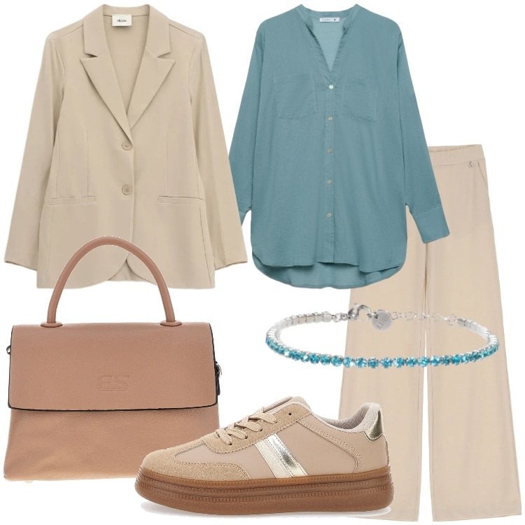 Outfit donna - Soft Power Dressing. Stile Minimal per Ufficio. Abbinamento con camicie, pantaloni, blazer, braccialetti, sneakers, borse a tracolla.