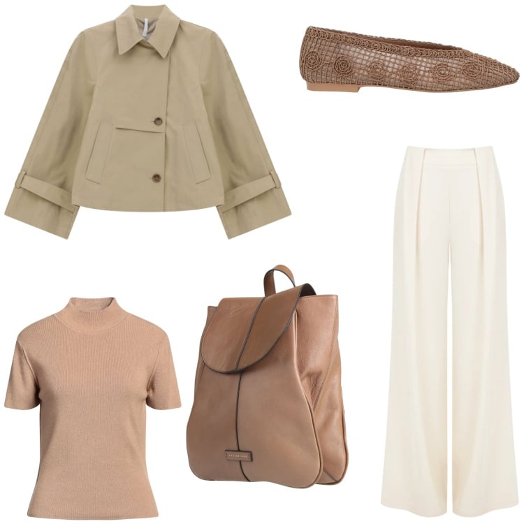 Outfit donna - Look essenziale e pratico. Stile Chic per Tutti i giorni. Abbinamento con maglieria, ballerine, zaini, pantaloni a palazzo, trench.
