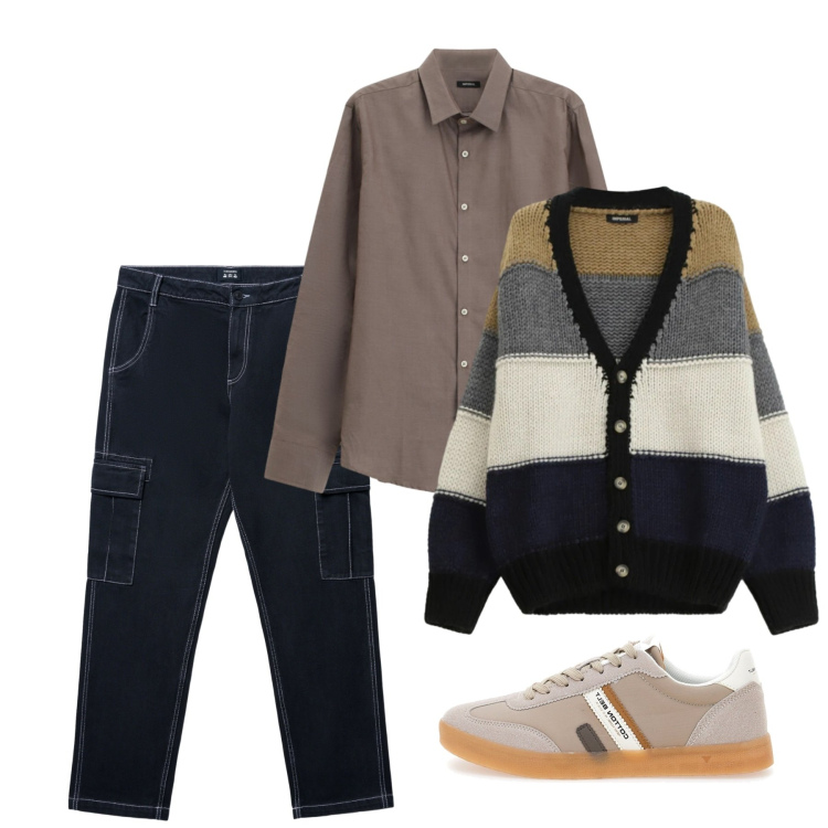 Outfit uomo - Marzo. Stile Casual per Tutti i giorni. Abbinamento con camicie, cardigans, sneakers, pantaloni cargo.