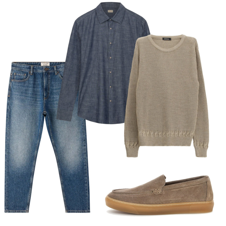 Outfit uomo - Marzo. Stile Casual per Tutti i giorni. Abbinamento con jeans, maglieria, camicie, scarpe stringate.