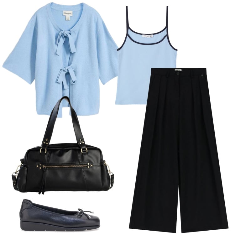 Outfit donna - Total look #2365991. Stile Casual chic per Tutti i giorni. Abbinamento con cardigans, borse a mano, canottiere, pantaloni a palazzo, ballerine.