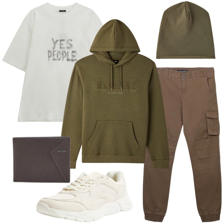 Outfit uomo - Felpa style. Stile Trendy per Tutti i giorni. Abbinamento con t-shirt, portafogli, pantaloni cargo, felpe con cappuccio, berretti, sneakers.