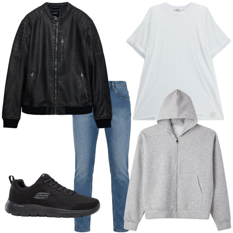 Outfit uomo - Rock time. Stile Biker Rock per Tutti i giorni. Abbinamento con sneakers, giacche, felpe con cappuccio, t-shirt, jeans.