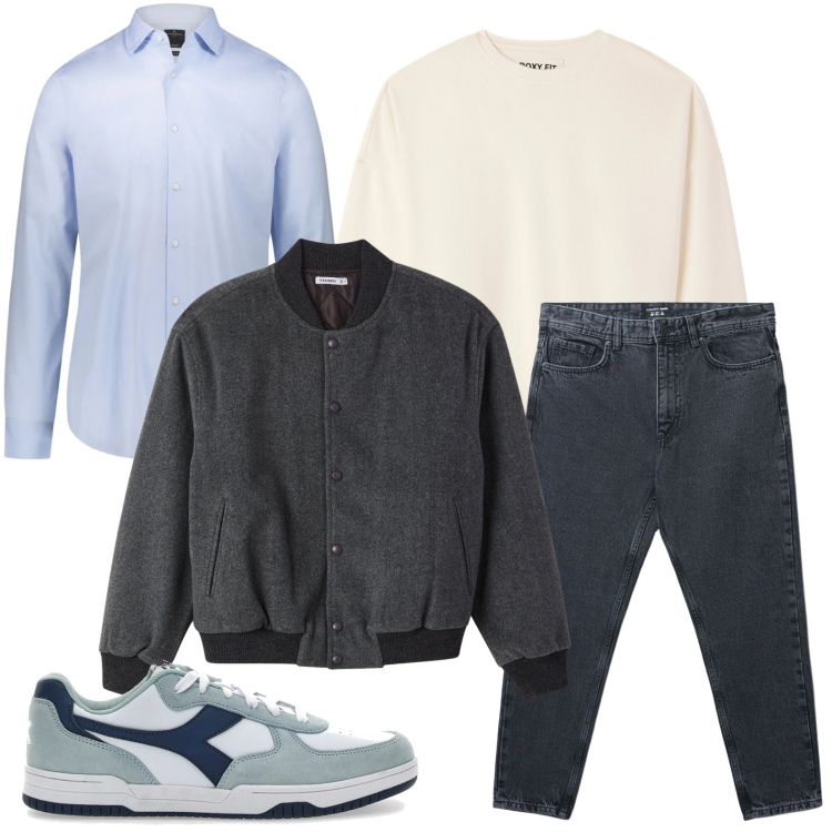 Outfit uomo - Easy time. Stile Casual per Tutti i giorni. Abbinamento con camicie, sneakers, jeans strappati, bomber, felpe.