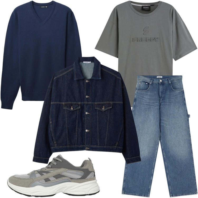Outfit uomo - Denim e sneackers. Stile Casual per Tutti i giorni. Abbinamento con jeans, sneakers, maglieria, cappotti, t-shirt.