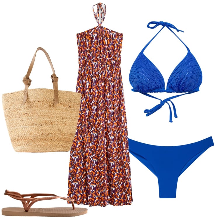 Outfit donna - Total look #2365997. Stile Casual per Mare. Abbinamento con vestiti da spiaggia, shopping bag, bikini, bikini, infradito.
