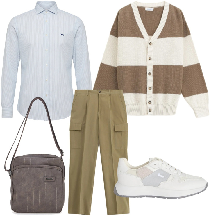 Outfit uomo - Rilassato casual. Stile Casual per Tutti i giorni. Abbinamento con sneakers, camicie, pantaloni cargo, cardigans, portafogli.
