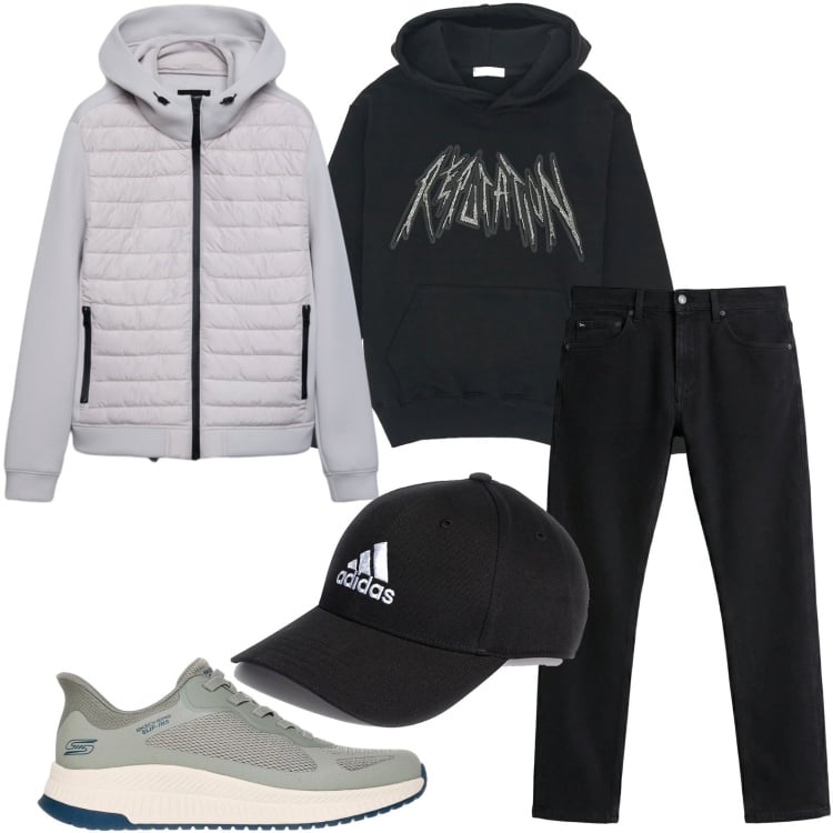 Outfit uomo - Sportivo in città. Stile Trendy per Tutti i giorni. Abbinamento con jeans, felpe con cappuccio, cappelli con visiera, giacche, sneakers.