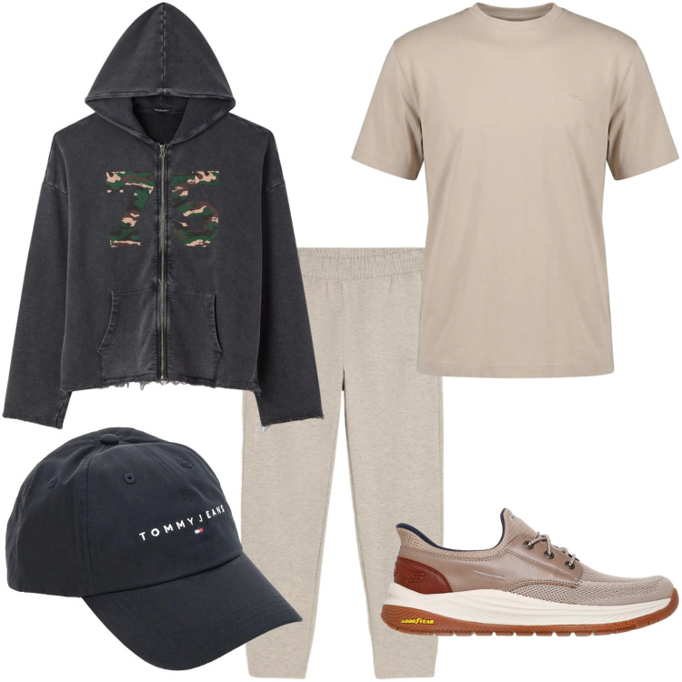 Outfit uomo - Sportivo glam. Stile Trendy per Tutti i giorni. Abbinamento con t-shirt, pantaloni, cappelli con visiera, sneakers, felpe con cappuccio.