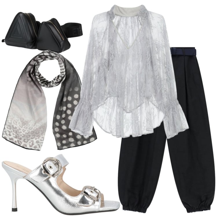 Outfit donna - Sabato sera. Stile Glamour per Serata fuori. Abbinamento con marsupi, sandali in pelle, sciarpe, bluse, pantaloni.