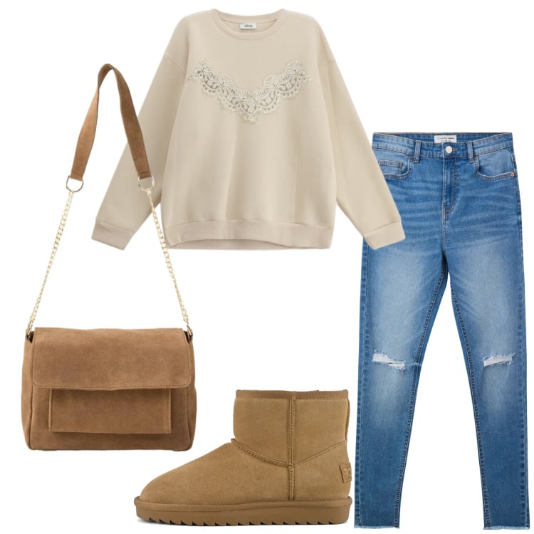 Outfit donna - Total look #2366005. Stile Casual per Tutti i giorni. Abbinamento con borse a tracolla, jeans strappati, felpe, stivali.