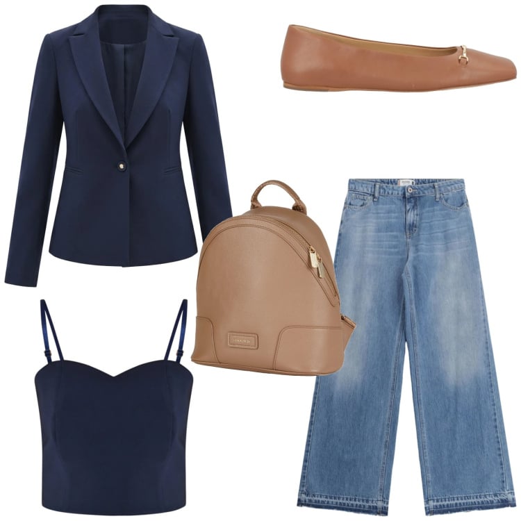 Outfit donna - Navy blazer style. Stile Casual chic per Tutti i giorni. Abbinamento con zaini, ballerine, jeans, top, blazer.