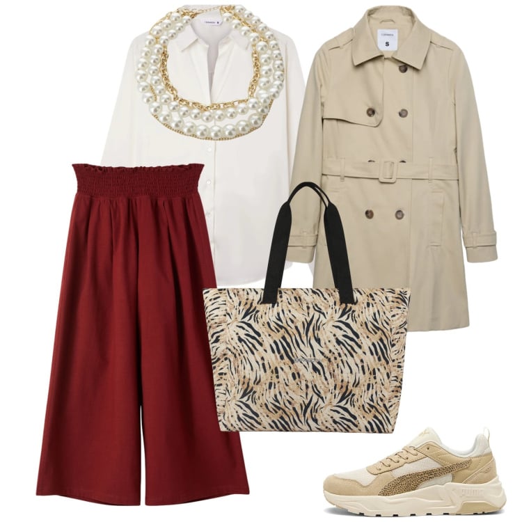 Outfit donna - Il trench. per Tutti i giorni. Abbinamento con trench, camicie, pantaloni culotte, collane, shopping bag, sneakers.