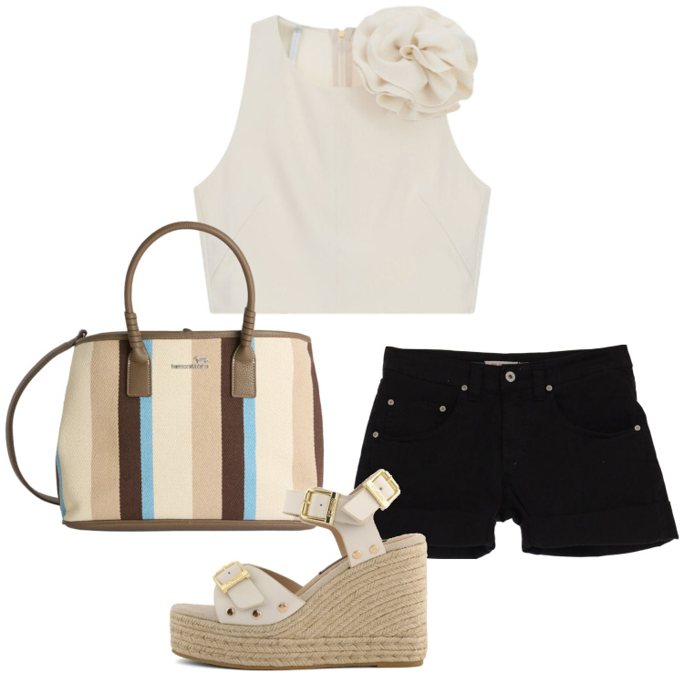 Outfit donna - Total look #2366020. Stile Casual per Tutti i giorni. Abbinamento con shopping bag, shorts, canottiere, zeppe.