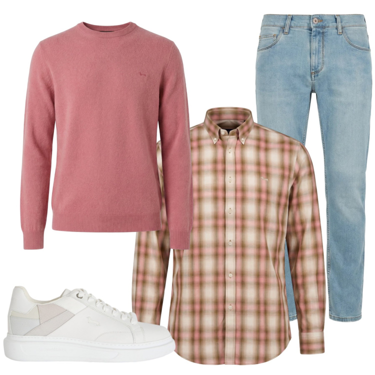 Outfit uomo - Comfort Raffinato in Rosa e Denim. Stile Trendy per Tutti i giorni. Abbinamento con jeans slim fit, sneakers, pullovers, camicie.