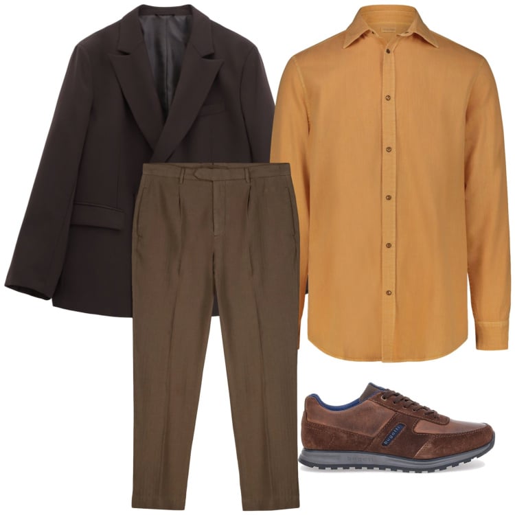 Outfit uomo - Eleganza Naturale in Marrone e Ocra. Stile Urban per Tutti i giorni. Abbinamento con giacche, scarpe stringate, pantaloni, camicie.
