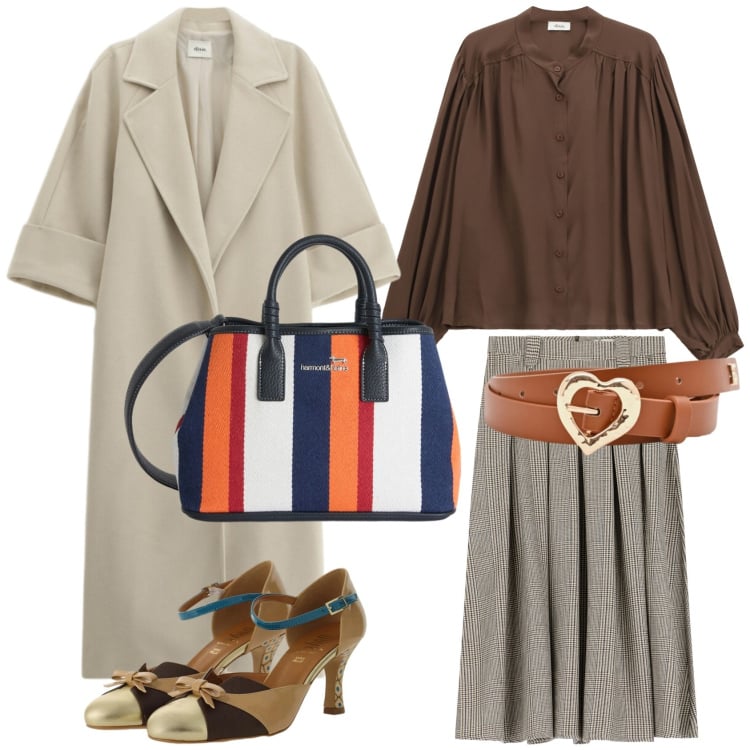 Outfit donna - Classico e trendy. Stile Chic per Tutti i giorni. Abbinamento con shopping bag, cinture, gonne lunghe, décolleté, camicie, cappotti.