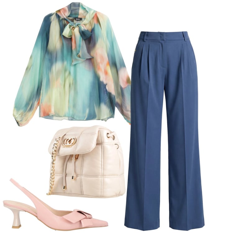 Outfit donna - Tepori primaverili. Stile Romantica per Tutti i giorni. Abbinamento con décolleté, valigie, pantaloni, bluse.