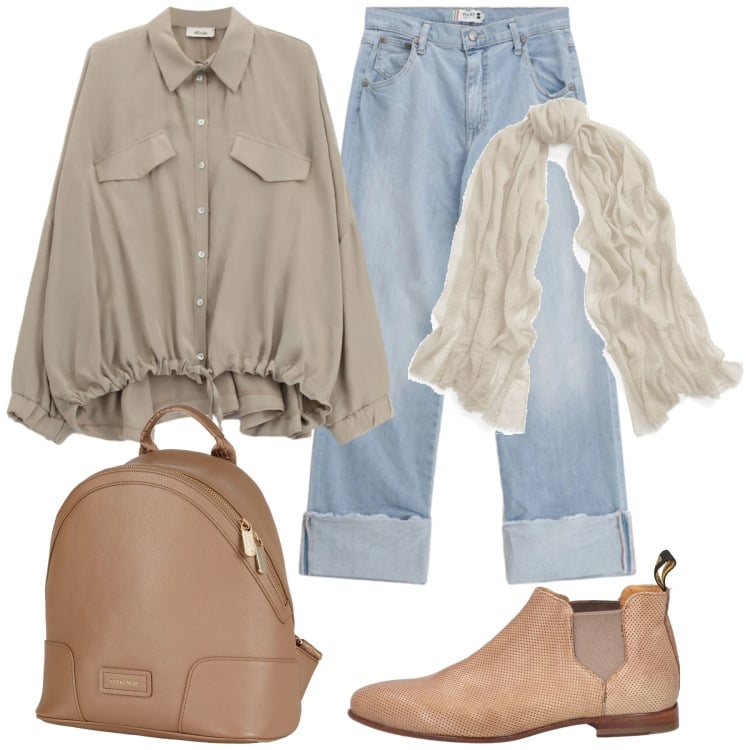 Outfit donna - Comoda in primavera. Stile Casual chic per Tutti i giorni. Abbinamento con sciarpe, stivaletti chelsea, zaini, jeans dritti, camicie.