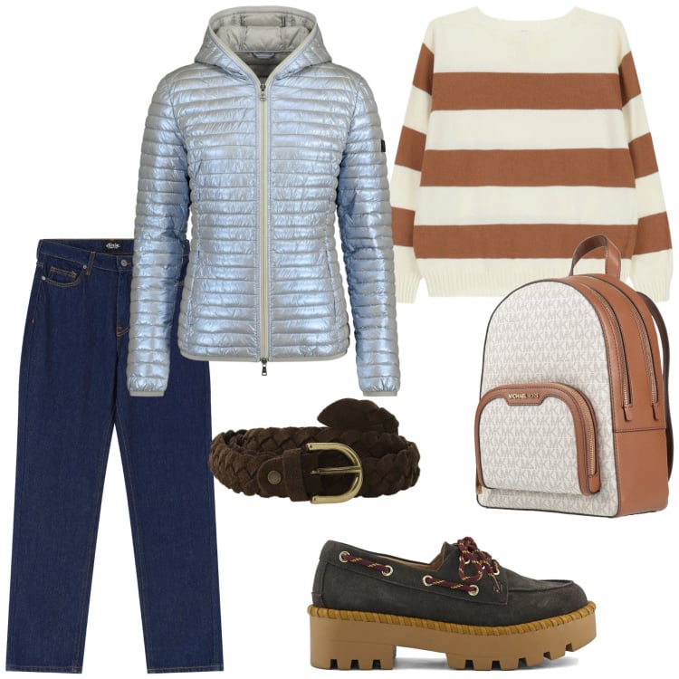 Outfit donna - Per tutti i giorni. Stile Casual per Tutti i giorni. Abbinamento con zaini, maglieria, blazer, jeans dritti, cinture, mocassini.