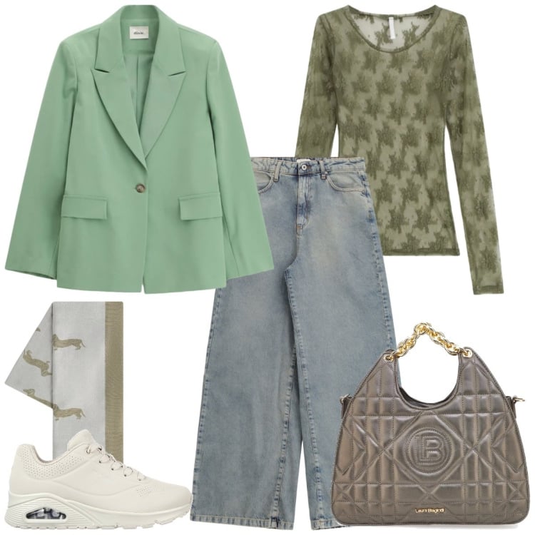 Outfit donna - Blazer donna verde. Stile Sporty chic per Tutti i giorni. Abbinamento con sciarpe, bluse, blazer, jeans, sneakers, borse a mano.