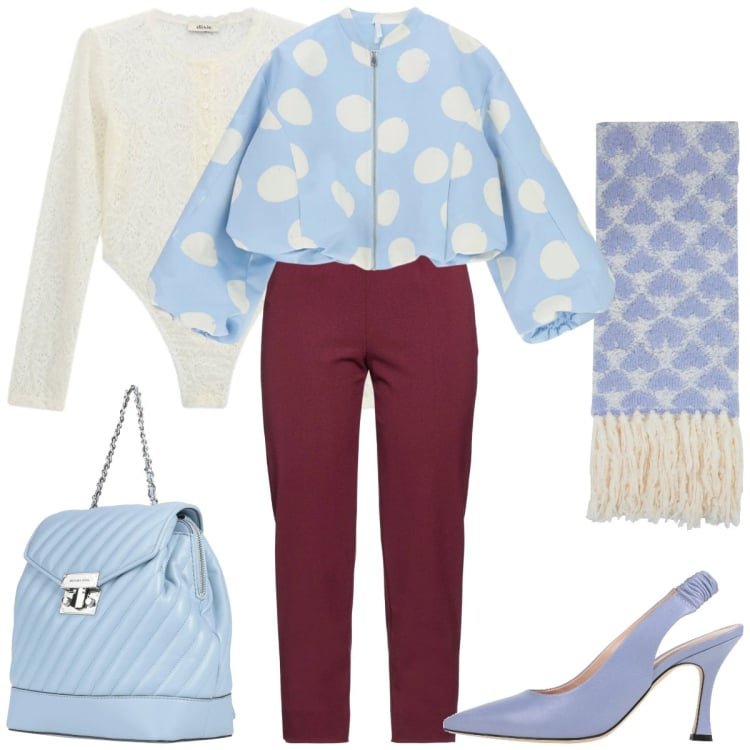 Outfit donna - Celeste e bordeaux. Stile Casual chic per Tutti i giorni. Abbinamento con sciarpe, zaini, décolleté, pantaloni, bomber, body.