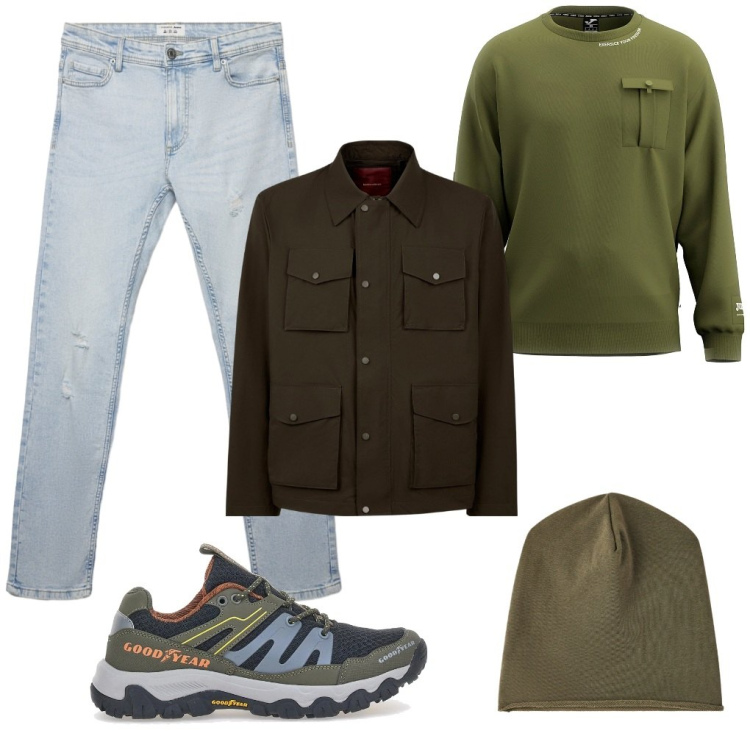 Outfit uomo - Pascal: sempre al verde. Stile Urban per Tutti i giorni. Abbinamento con giacche, berretti, jeans strappati, stivali e stivaletti, felpe.