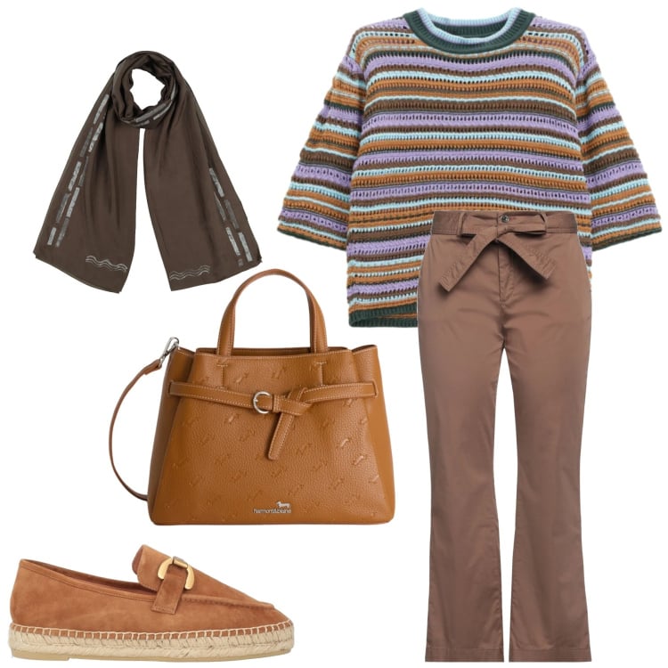 Outfit donna - Total look #2366040. Stile Trendy per Tutti i giorni. Abbinamento con espadrillas, sciarpe, pantaloni, borse a mano, maglieria.