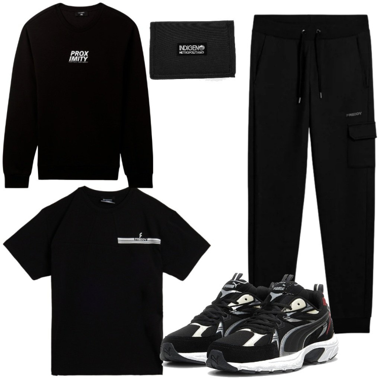 Outfit uomo - Luca: all black. Stile Urban per Tutti i giorni. Abbinamento con pantaloni cargo, t-shirt, sneakers, felpe, portafogli.