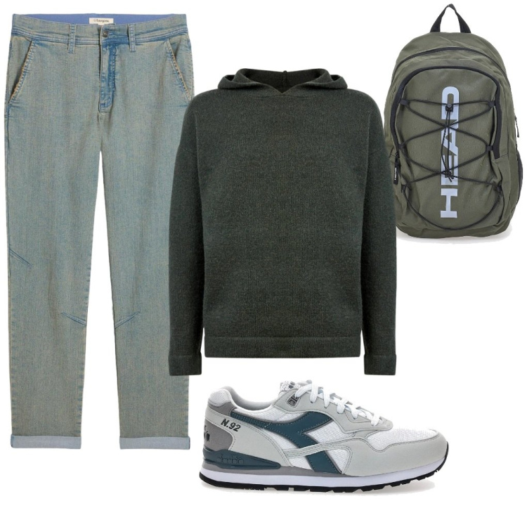 Outfit uomo - Vincenzo: felpa verde!. Stile Urban per Tutti i giorni. Abbinamento con jeans dritti, maglieria, zaini, sneakers.
